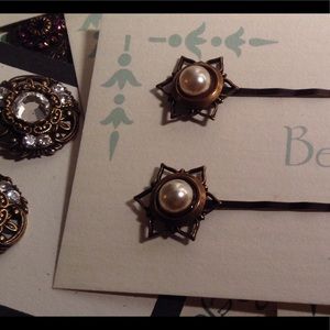 Vintage Antiqued Pearl Hairpins Set of 2 Creme